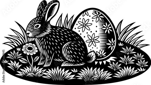 Illustration of a rabbit sitting beside an intricately decorated Easter egg in a lush floral setting viewed from the side