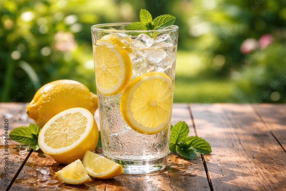 Fototapeta premium A glass of water with ice cubes and lemon slices is sitting on a wooden table next to two.