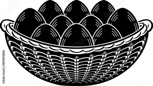 A black and white illustration of a basket full of eggs from a top-down viewpoint