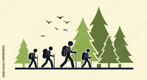 Family hiking adventure through a green forest with birds flying above.