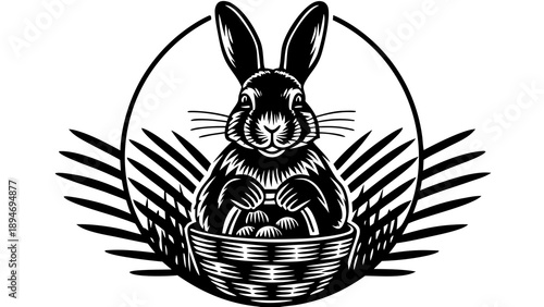 Rabbit sitting in a basket surrounded by abstract lines and shapes, a simple black and white illustration