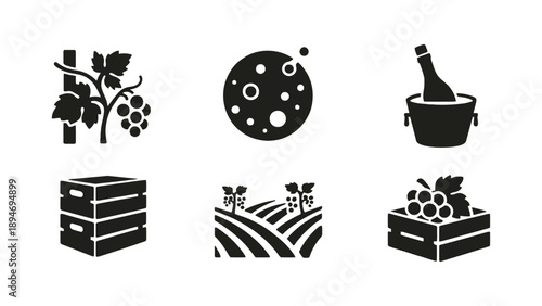 A collection of black and white wine icons on a clean background