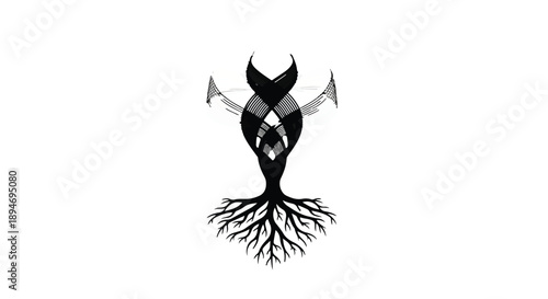 Abstract silhouette of a growing plant with roots and an intertwined organic form above.