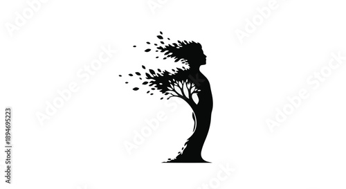 Silhouette of a person merging with a tree, symbolizing growth and nature's connection