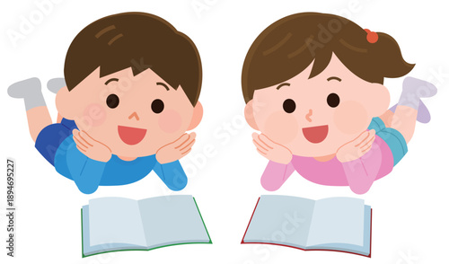 寝そべって本を読む男の子と女の子　イラスト