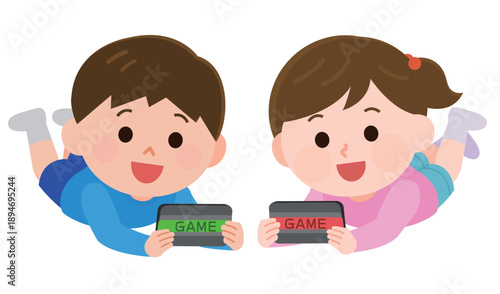 ゲーム機で遊ぶ男の子と女の子　イラスト