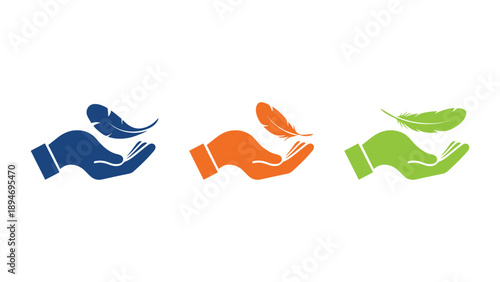 A graphic illustration of hands holding feathers in different colors