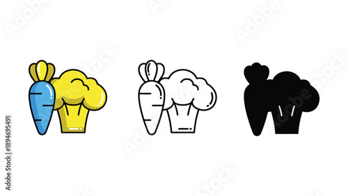 Three icons representing a carrot and broccoli in different styles.