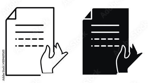 A hand holding a black and white document icon on a clean background