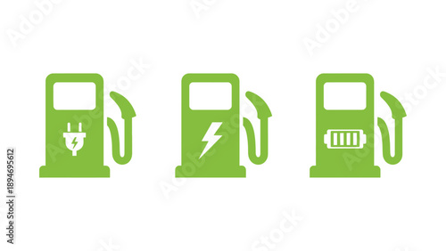 Three green fuel pumps for electric, hybrid, and gasoline vehicles