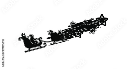 Whimsical Santa Claus sleigh pulled by reindeer through starry night sky