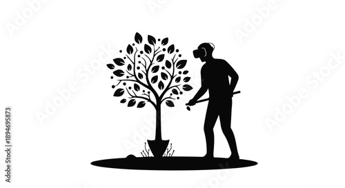 Person in virtual reality headset plants a digital tree, symbolizing future growth and technology.