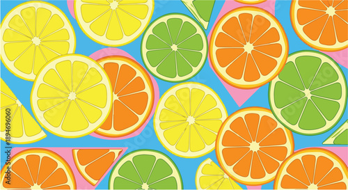A colorful and vibrant graphic pattern featuring various citrus fruit slices like lemons, limes, and oranges on a blue and pink geometric background.