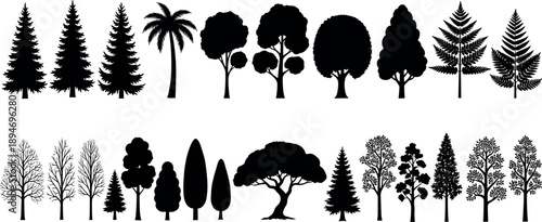 Black tree silhouettes collection with forest, palm, pine, deciduous and tropical trees, isolated on white background, nature vector set