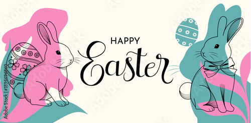 Colorful Easter Bunny Characters With Decorative Eggs Festive Illustration. Easter Banner Flat Design Vector Illustration 