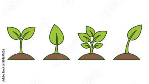 A series of cartoon plants growing in brown soil