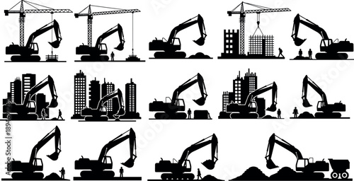 Construction machinery silhouettes set with excavators, cranes and urban buildings, heavy equipment industrial work concept, black illustration isolated on white background