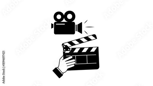 Film production equipment clapperboard and camera icon.
