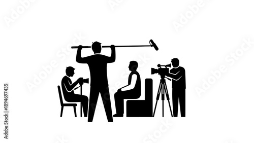 Filmmaking crew capturing a scene with camera and boom microphone.