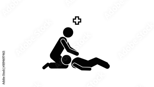 First Aid Person Performing CPR On Another Person With Medical Cross Symbol.