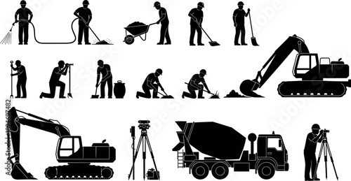 Construction worker silhouettes set with manual labor tools heavy machinery excavation equipment industrial teamwork activities isolated on white background illustration
