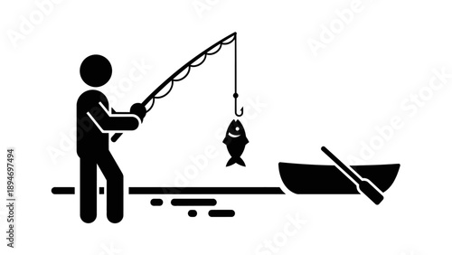 Fisherman catches fish from a boat with a fishing rod.