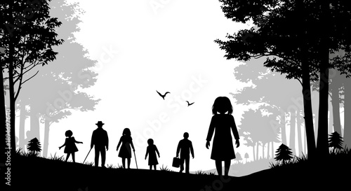 Family walking through a forest silhouette.