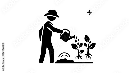 Farmer watering plants with a watering can under the sun.