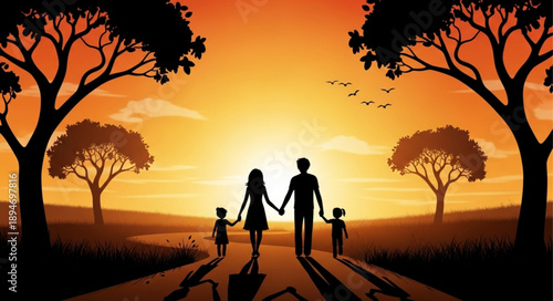 Family walking together at sunset silhouette.