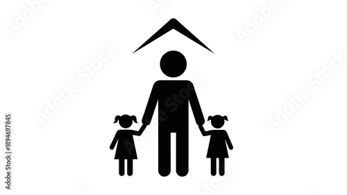 Father figure protecting two young daughters under a roof icon.