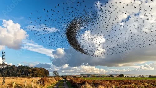 A mesmerizing murmuration of starlings, a natural spectacle against a vibrant blue sky with f clouds.