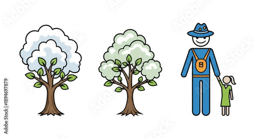 Father and Daughter Walking Past Trees.