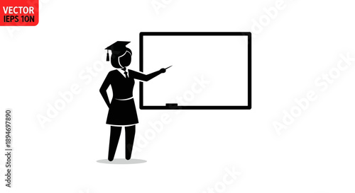 Female Teacher Wearing Graduation Cap Pointing at Whiteboard.