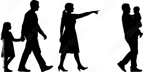 Family silhouettes walking together with parents and children, father holding baby, mother pointing direction, isolated on white background, people vector set
