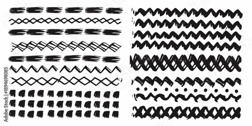 Collection of abstract black lines and patterns arranged in neat rows