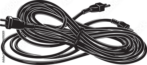 Coiled black electrical cord with plug and socket ends