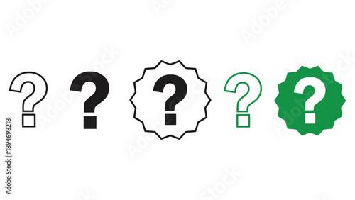 A collection of five question mark icons in various styles and colors.