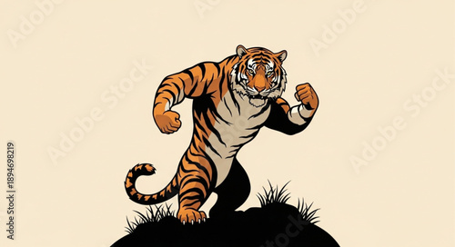 Fierce Tiger Standing on Grass Ready to Pounce.