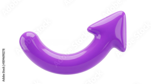 Glossy purple curved arrow in 3d plastic style. Minimalist directional pointer for navigation and growth marketing.