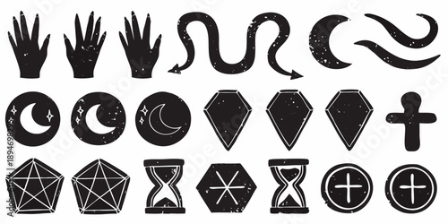Black and white illustration of occult symbols and mystical elements