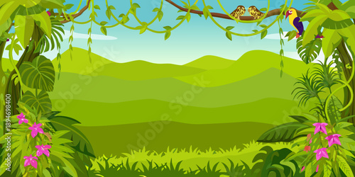 A vibrant jungle scene with parrots lush foliage and rolling hills