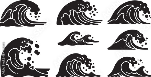 Set of black wave silhouettes on white background illustration