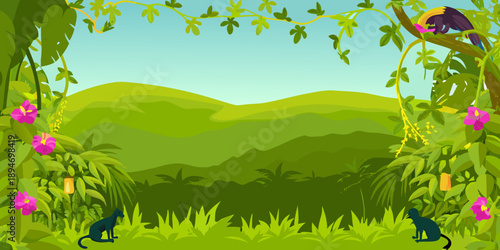 A vibrant jungle scene with a colorful macaw and playful monkeys