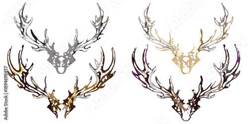 Two stylized deer skulls with large antlers against a black background