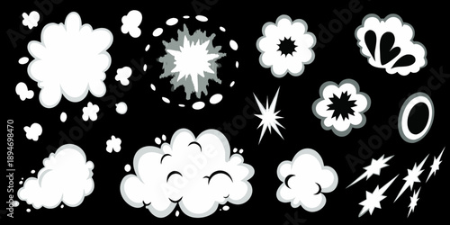 Collection of cartoon explosion and cloud burst effects on black background