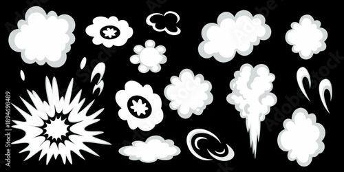 Collection of stylized white explosion and smoke cloud effects on black