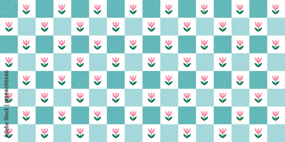 Fototapeta premium Seamless checkered pattern with pink tulip flowers on teal and white background. Cute floral geometric wallpaper for spring season, garden themes, textile design, and feminine branding.