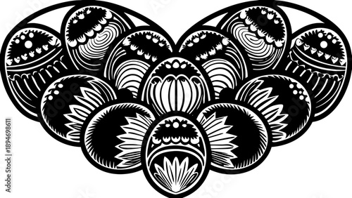 A collection of intricately designed eggs displayed in a circular pattern, showcasing various patterns and designs.