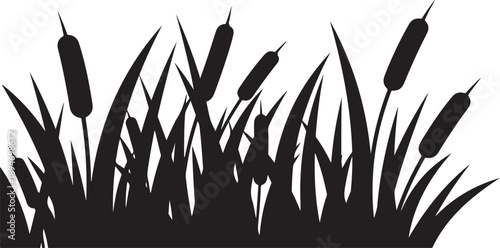 Black Silhouette of Cattails and Reeds on White Background