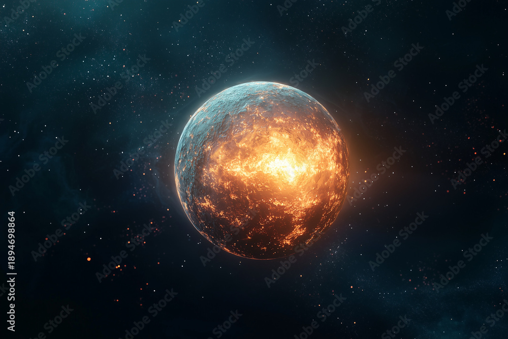 Obraz premium Fiery planet in space with glowing surface against a cosmic background